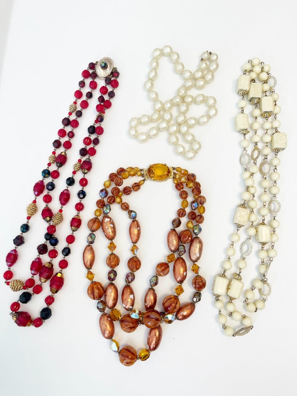 Vintage Necklace Lot Beaded Faux Pearl Amber Red Statement Retro Jewelry 4